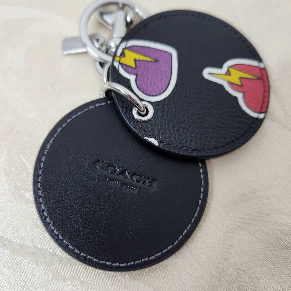 Coach Bag Charm Keychain Pink Heart Lightning Bolt Design